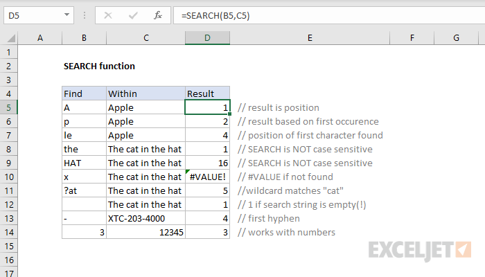 Excel SEARCH function Exceljet